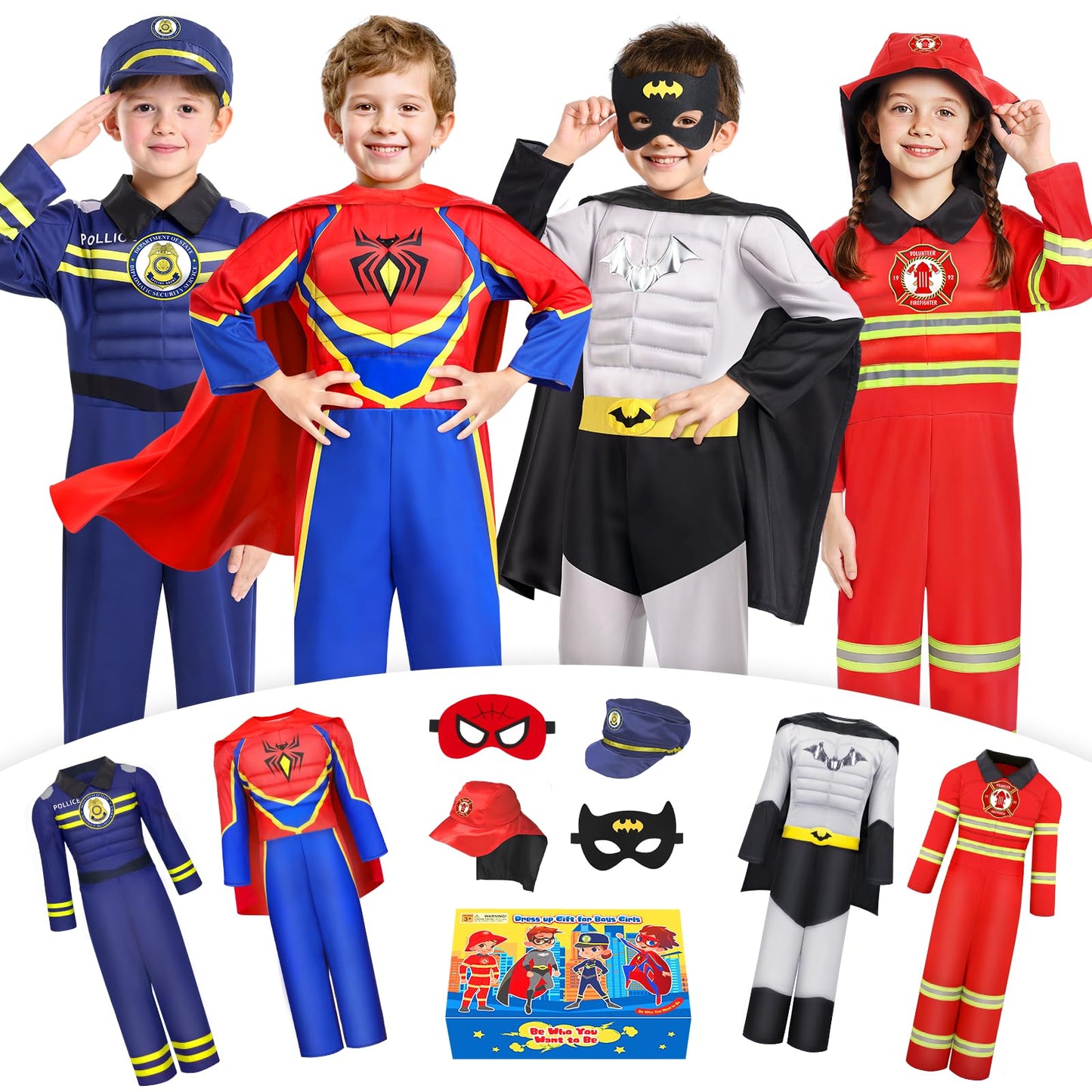 Jeowoqao 4-in-1 Kids Costume Set: Police & Fireman Muscle Chest (3–6)