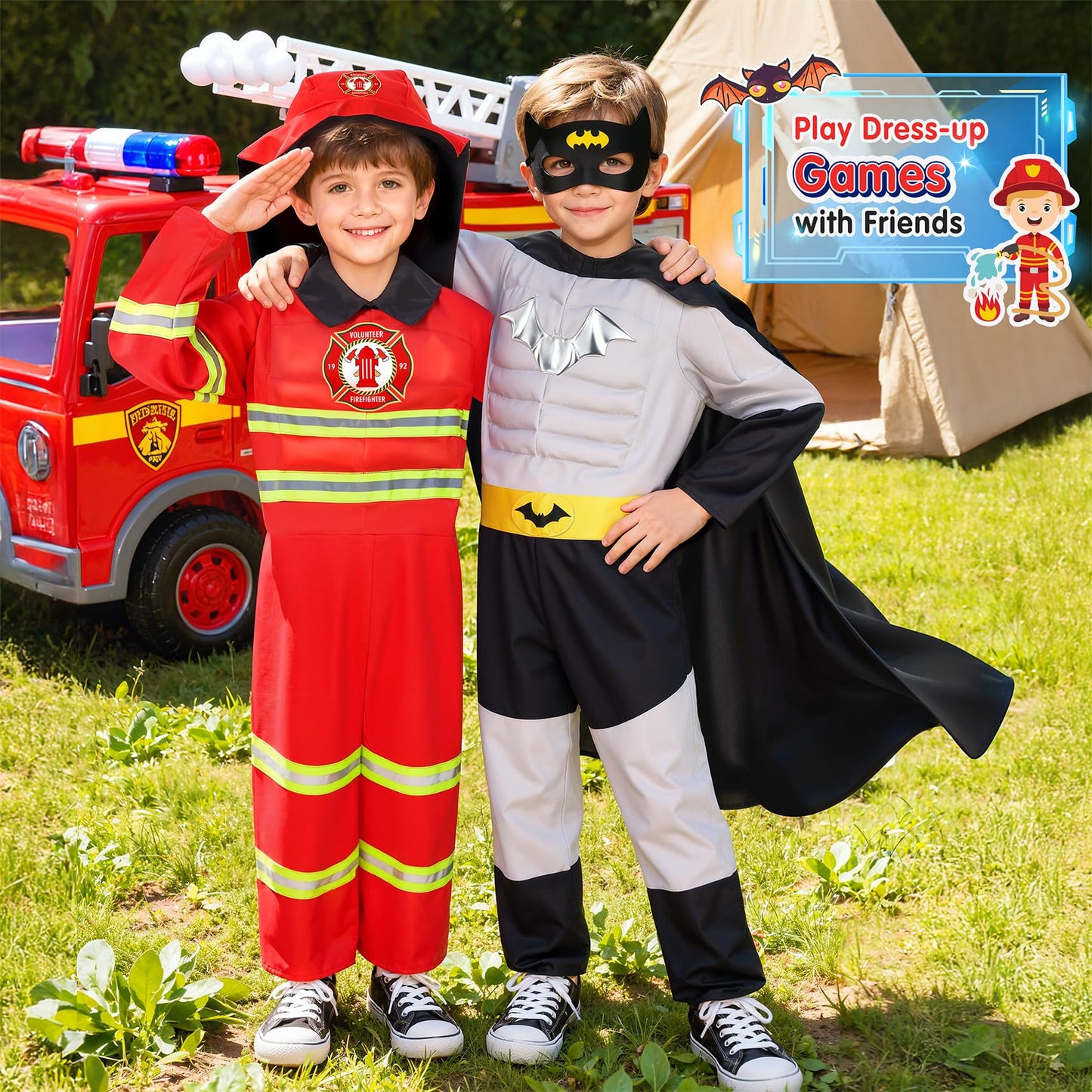 Jeowoqao 4-in-1 Kids Costume Set: Police & Fireman Muscle Chest (3–6)