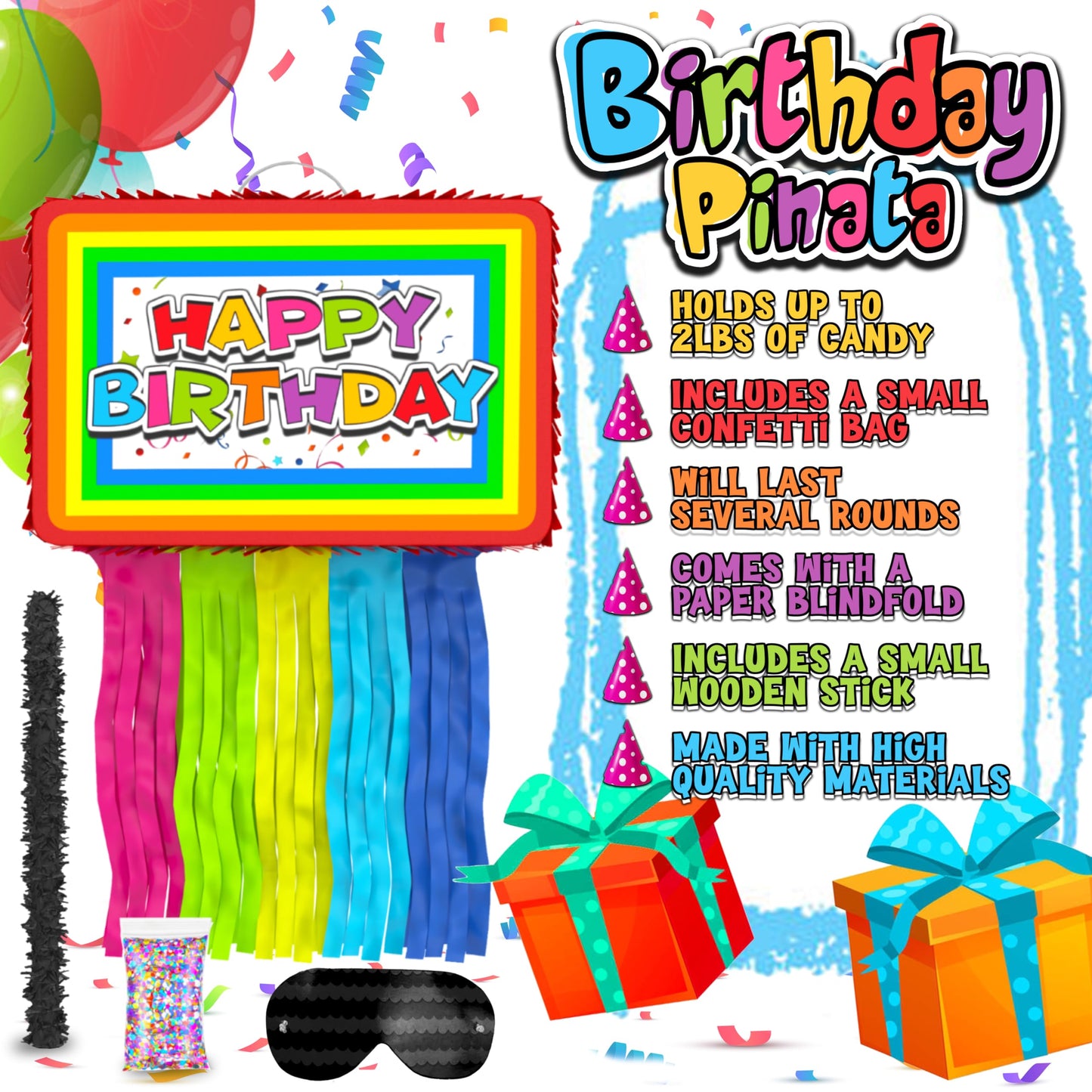 Jergrim Birthday Piñata 4-Piece Set – Colorful 16x10x3 in Party Decorations