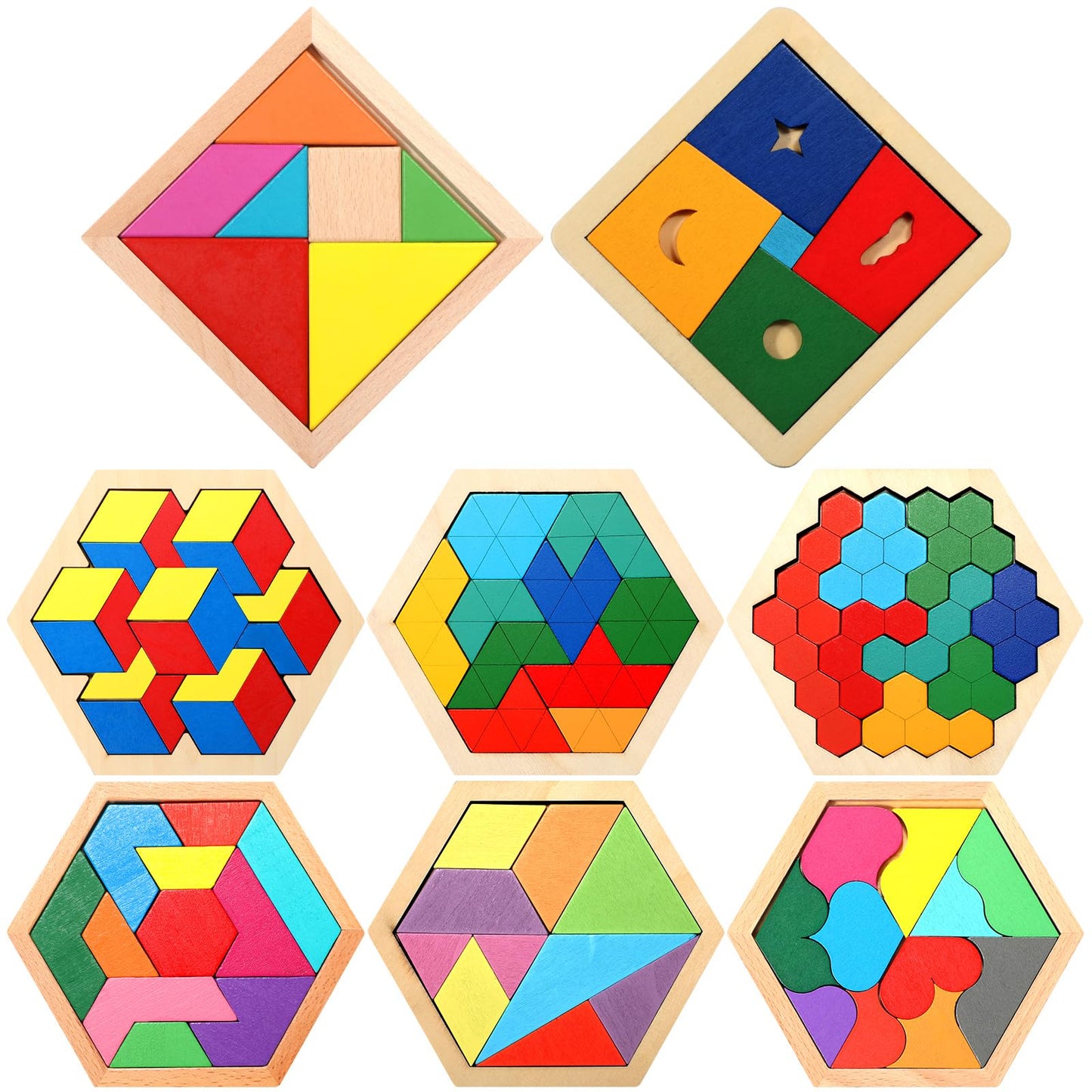 Jerify 8 Pack Wooden Tangrams Puzzles – Colorful Geometric Blocks for Adults | IQ & Logic Gift
