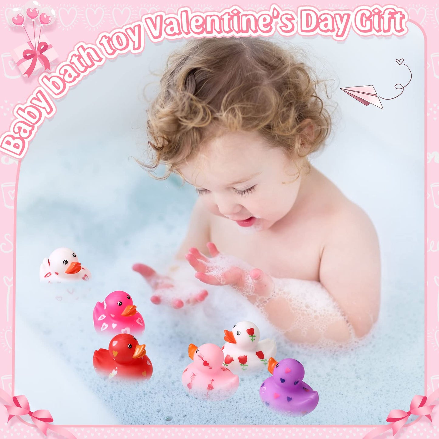 Jerify 96 Pcs 2-Inch Valentine Rubber Duckies – 6 Styles Heart Design Bath Toys