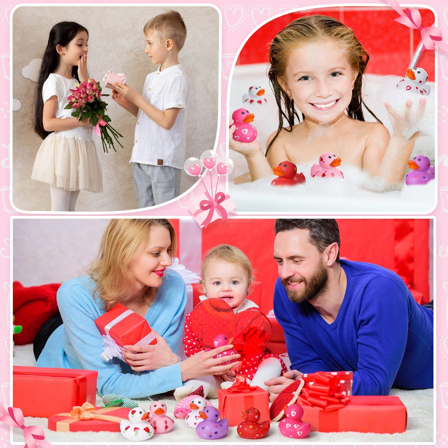 Jerify 96 Pcs 2-Inch Valentine Rubber Duckies – 6 Styles Heart Design Bath Toys