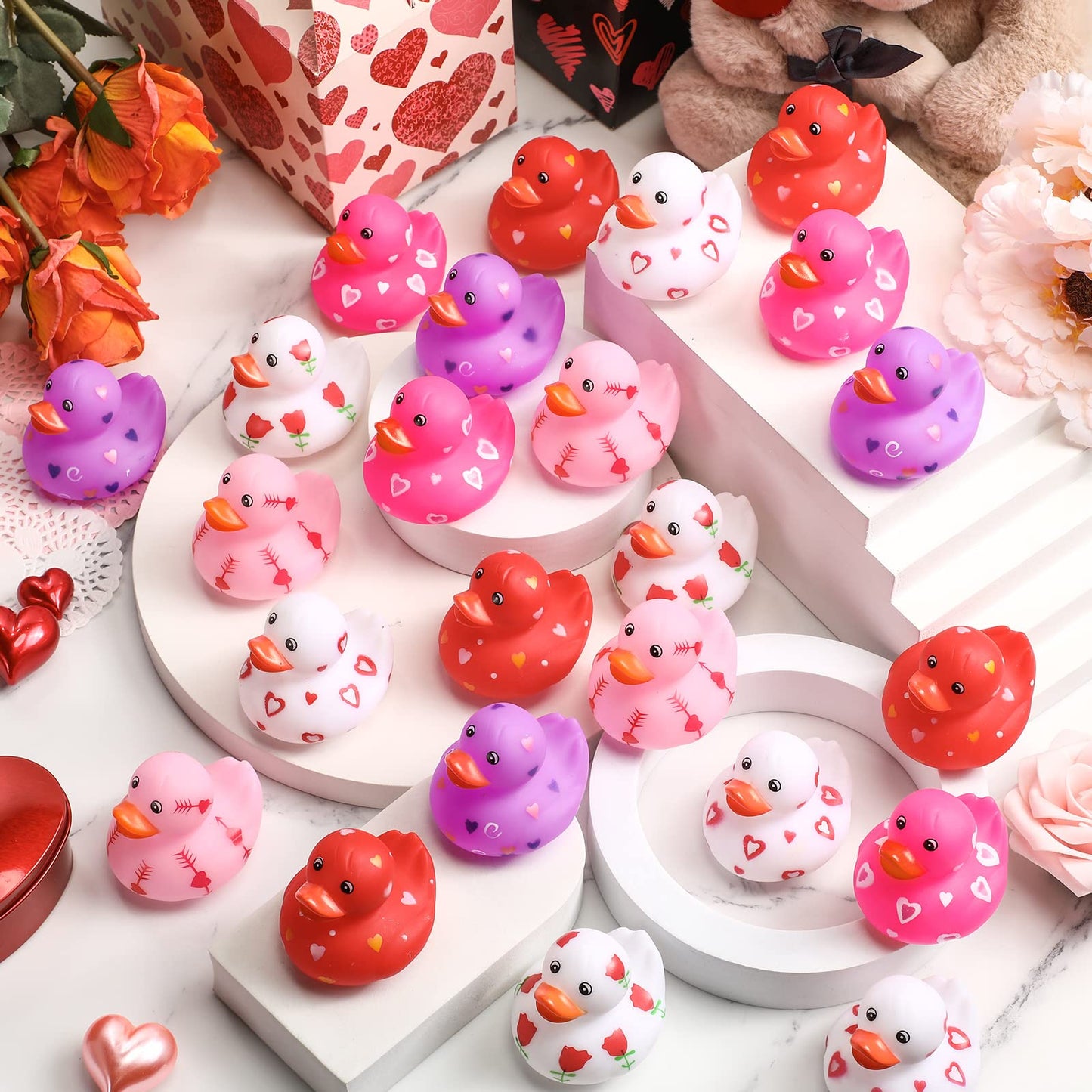 Jerify 96 Pcs 2-Inch Valentine Rubber Duckies – 6 Styles Heart Design Bath Toys