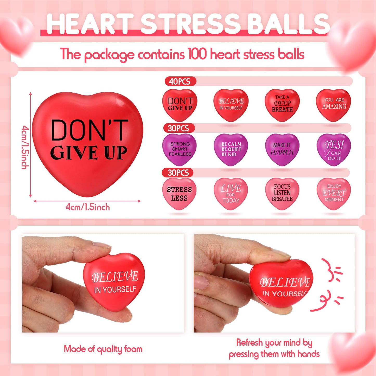 Jerify 100 Pcs Valentines Day Heart Stress Balls – 1.5-Inch Small Heart Shaped Fidget Balls for Parties & Gifts