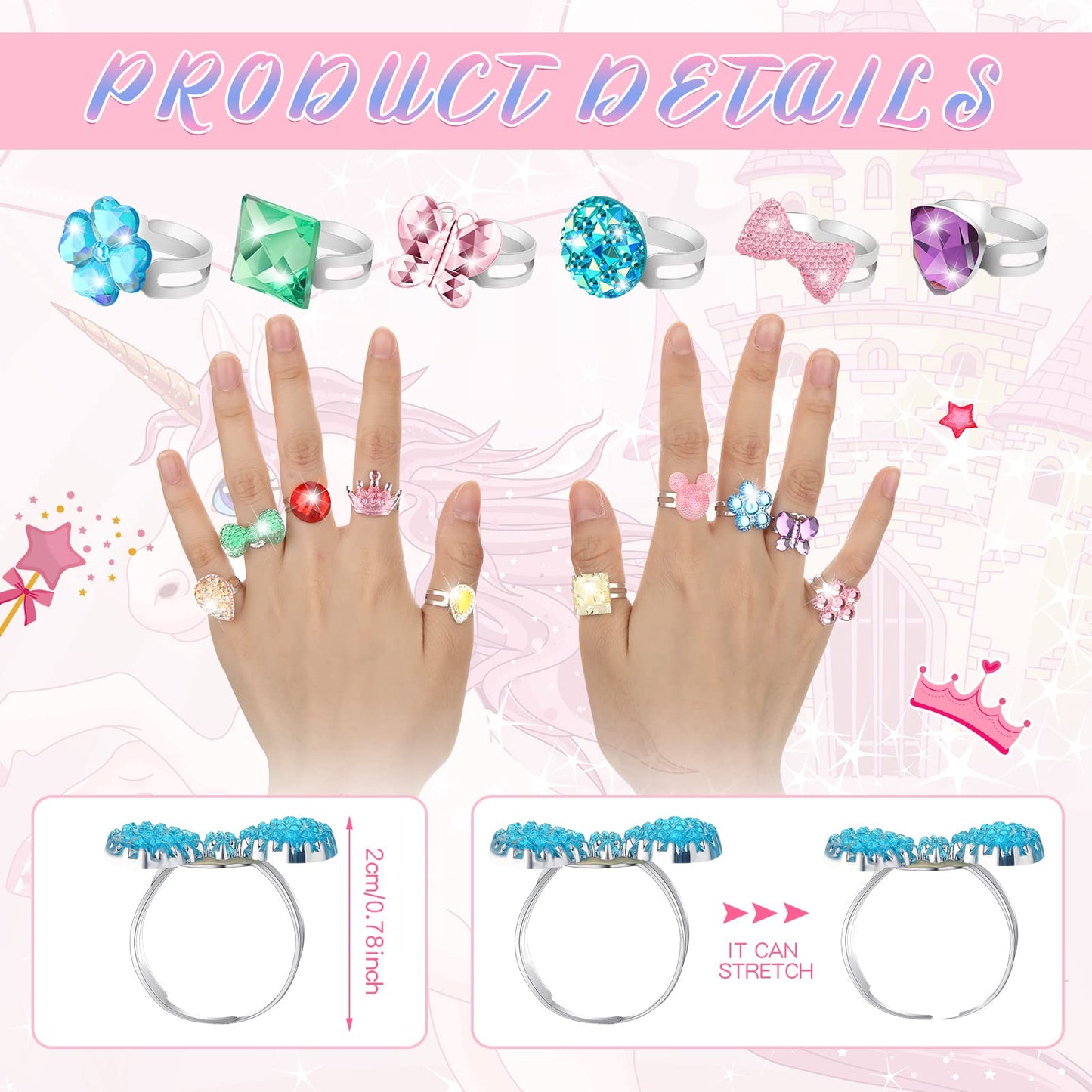Jerify Kids Rings Set - 2 Boxes, Adjustable Dress-Up Jewelry for Girls 4-12