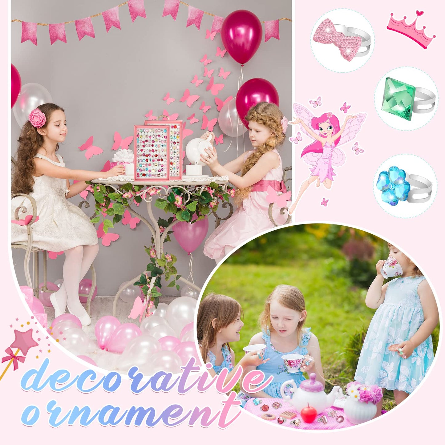 Jerify Kids Rings Set - 2 Boxes, Adjustable Dress-Up Jewelry for Girls 4-12