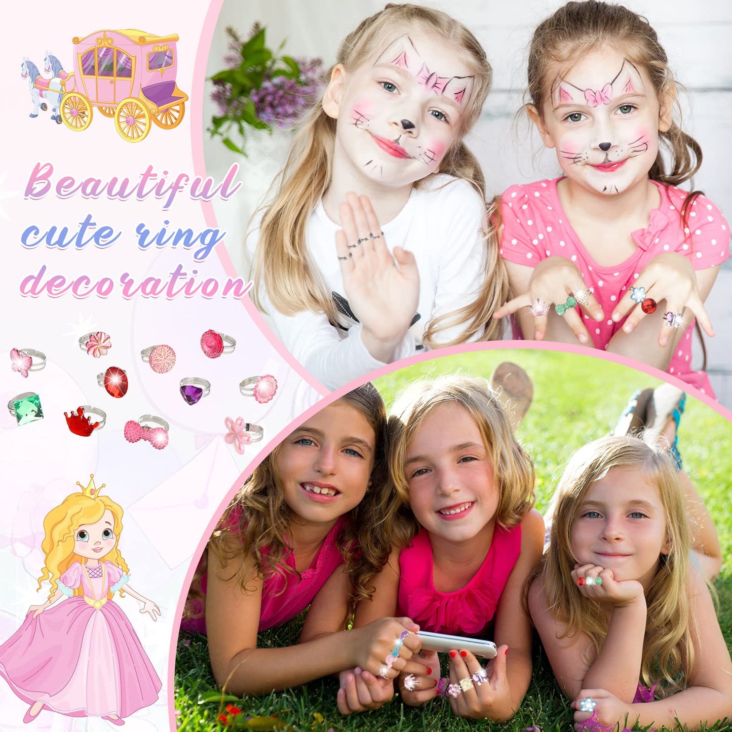 Jerify Kids Rings Set - 2 Boxes, Adjustable Dress-Up Jewelry for Girls 4-12