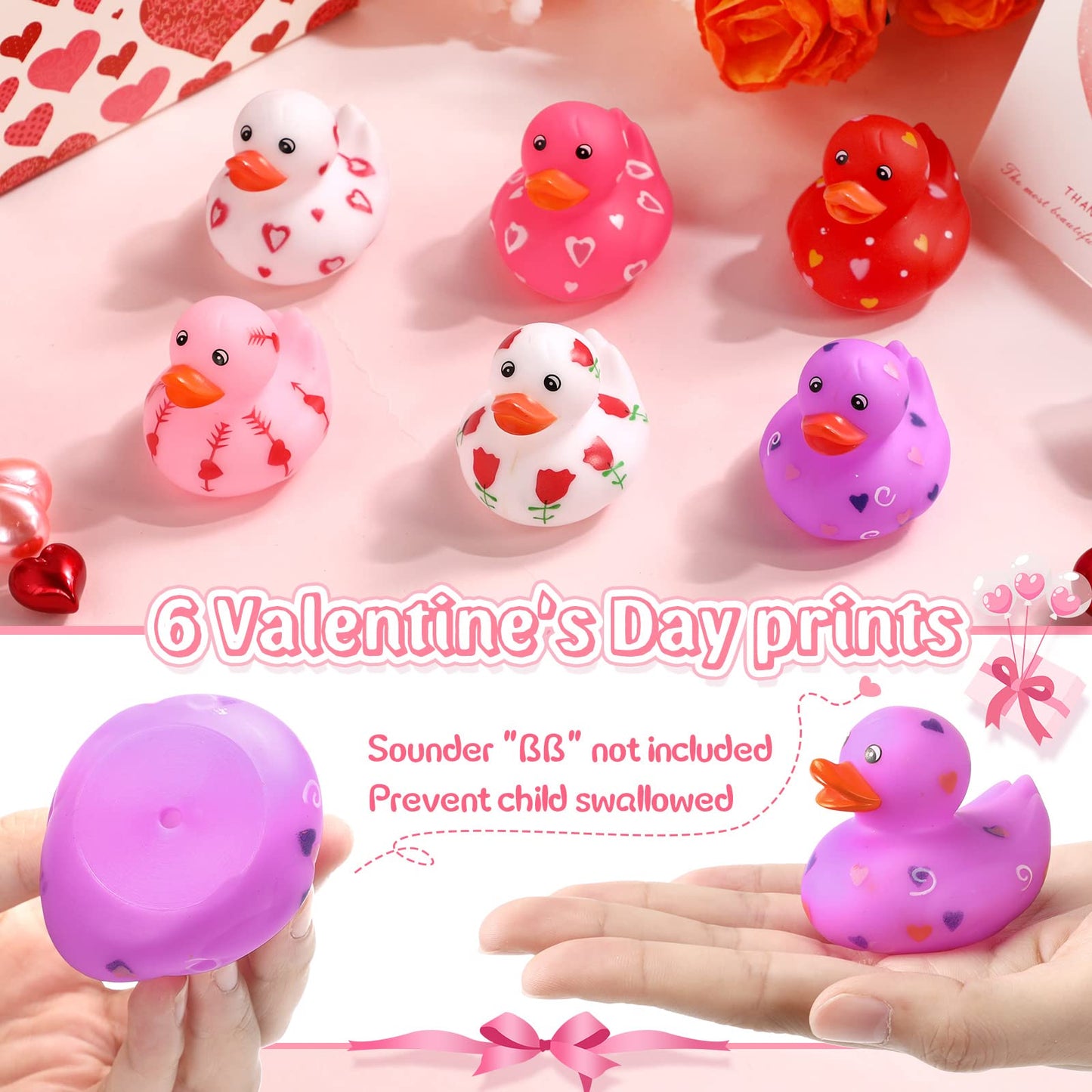 Jerify 96 Pcs 2-Inch Valentine Rubber Duckies – 6 Styles Heart Design Bath Toys