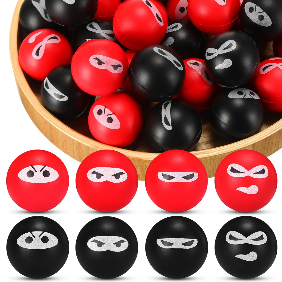 Jerify 40 Pack Ninja Stress Balls – PU Foam Fidget Toys, 4 Expressions, Black & Red