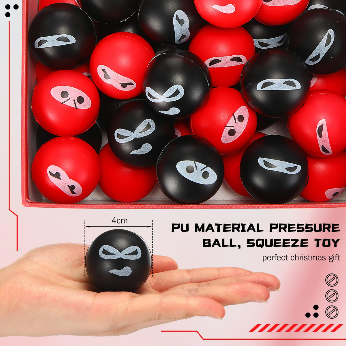Jerify 40 Pack Ninja Stress Balls – PU Foam Fidget Toys, 4 Expressions, Black & Red