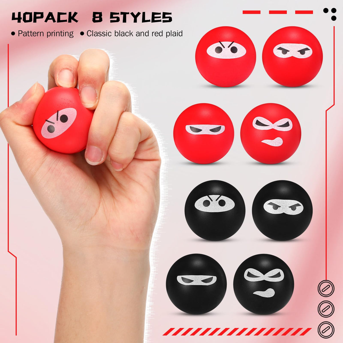 Jerify 40 Pack Ninja Stress Balls – PU Foam Fidget Toys, 4 Expressions, Black & Red