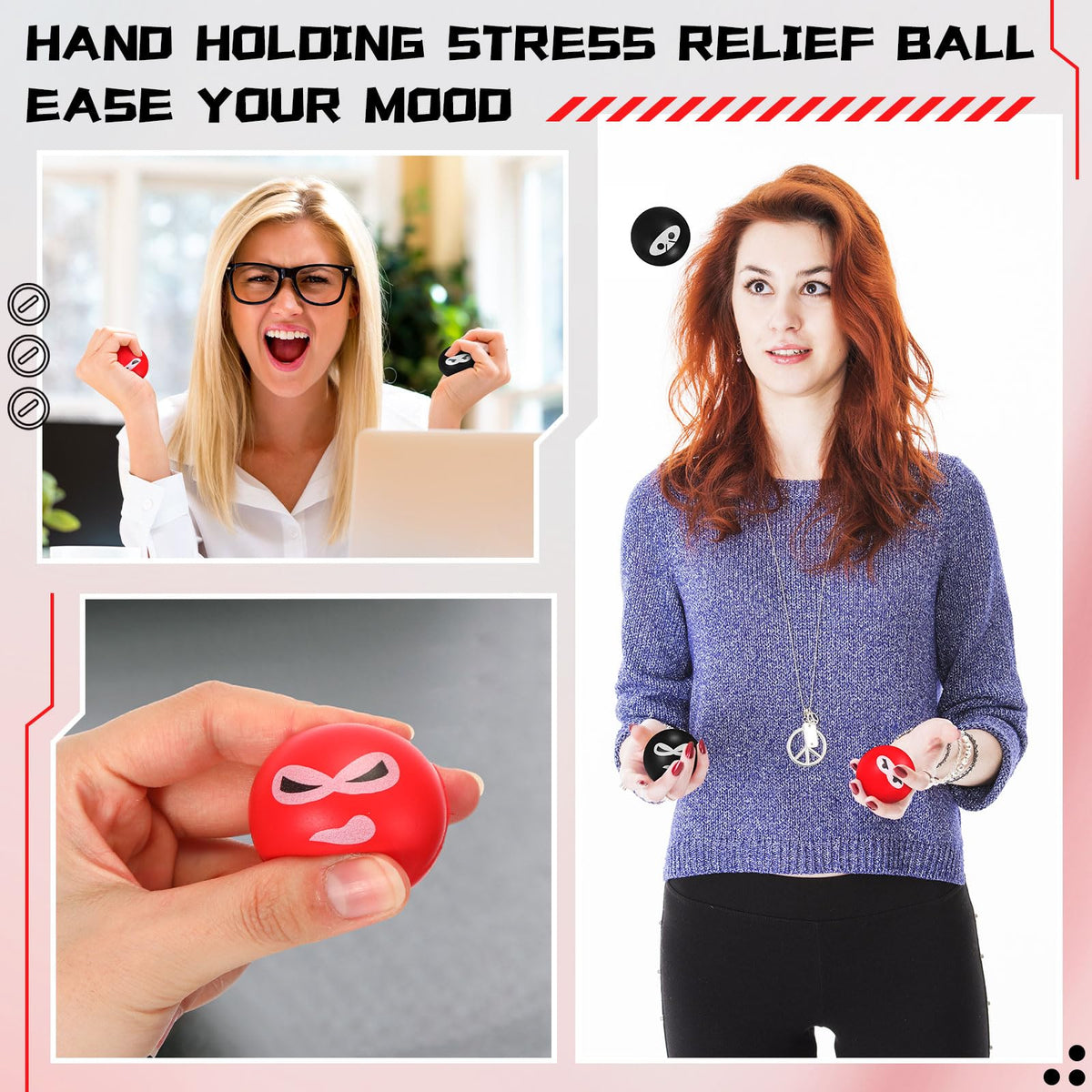 Jerify 40 Pack Ninja Stress Balls – PU Foam Fidget Toys, 4 Expressions, Black & Red