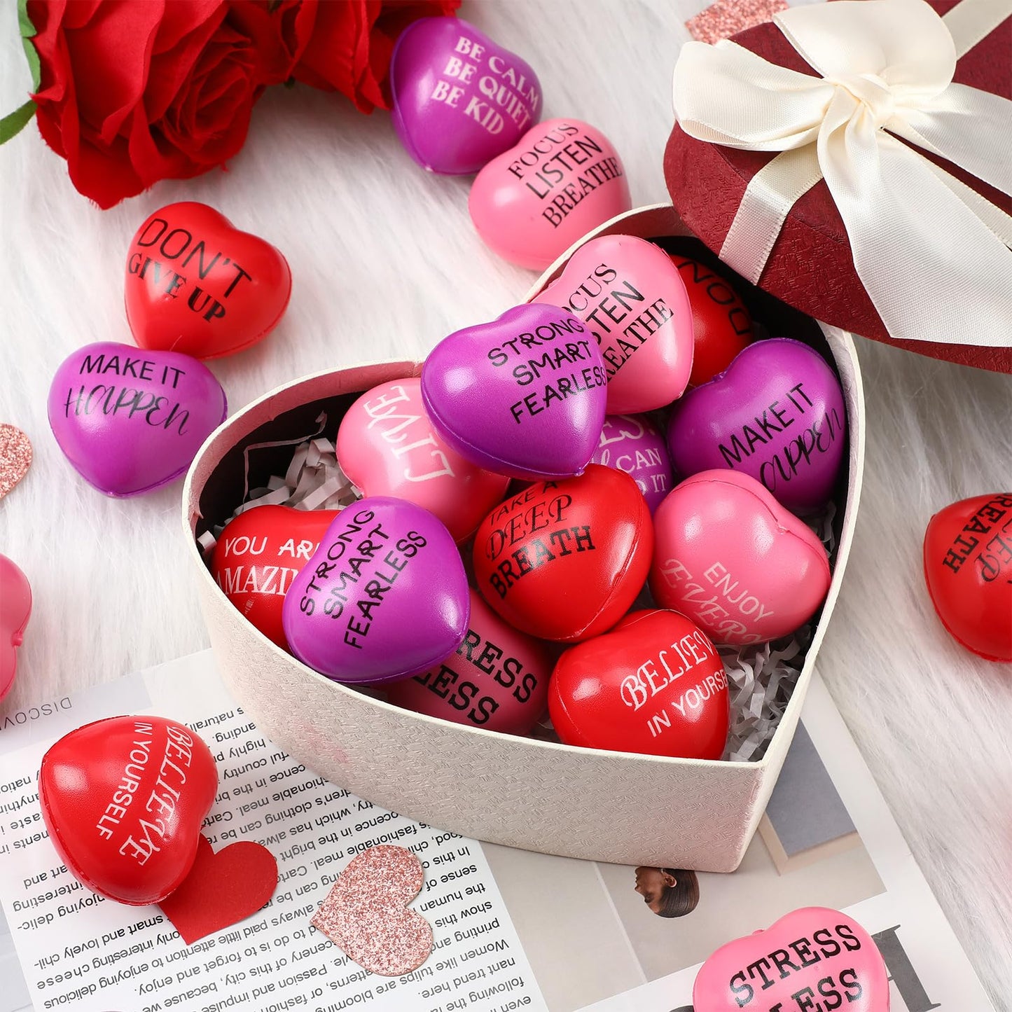 Jerify 100 Pcs Valentines Day Heart Stress Balls – 1.5-Inch Small Heart Shaped Fidget Balls for Parties & Gifts