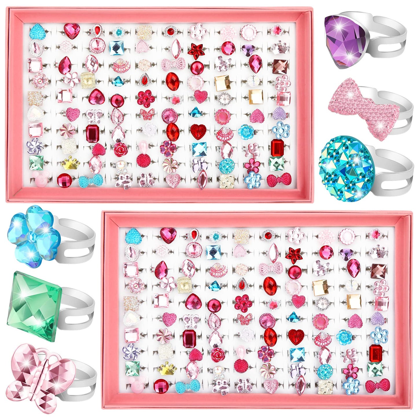 Jerify Kids Rings Set - 2 Boxes, Adjustable Dress-Up Jewelry for Girls 4-12