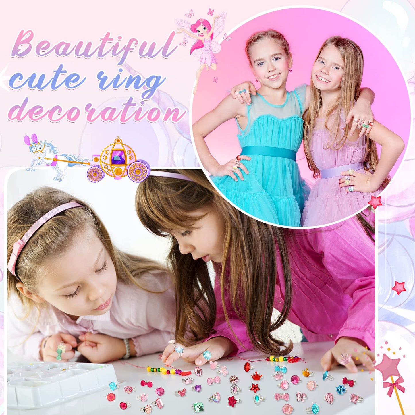 Jerify Kids Rings Set - 2 Boxes, Adjustable Dress-Up Jewelry for Girls 4-12