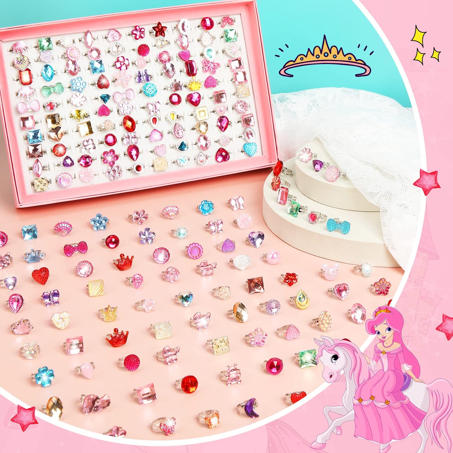 Jerify Kids Rings Set - 2 Boxes, Adjustable Dress-Up Jewelry for Girls 4-12