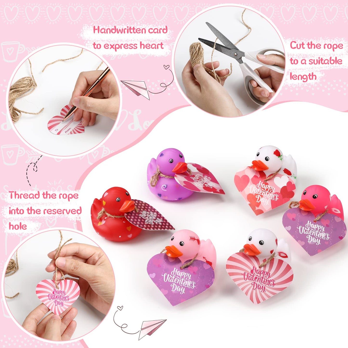Jerify 12 Pcs Valentines Rubber Ducks with Gift Cards - Pastel 6 Styles