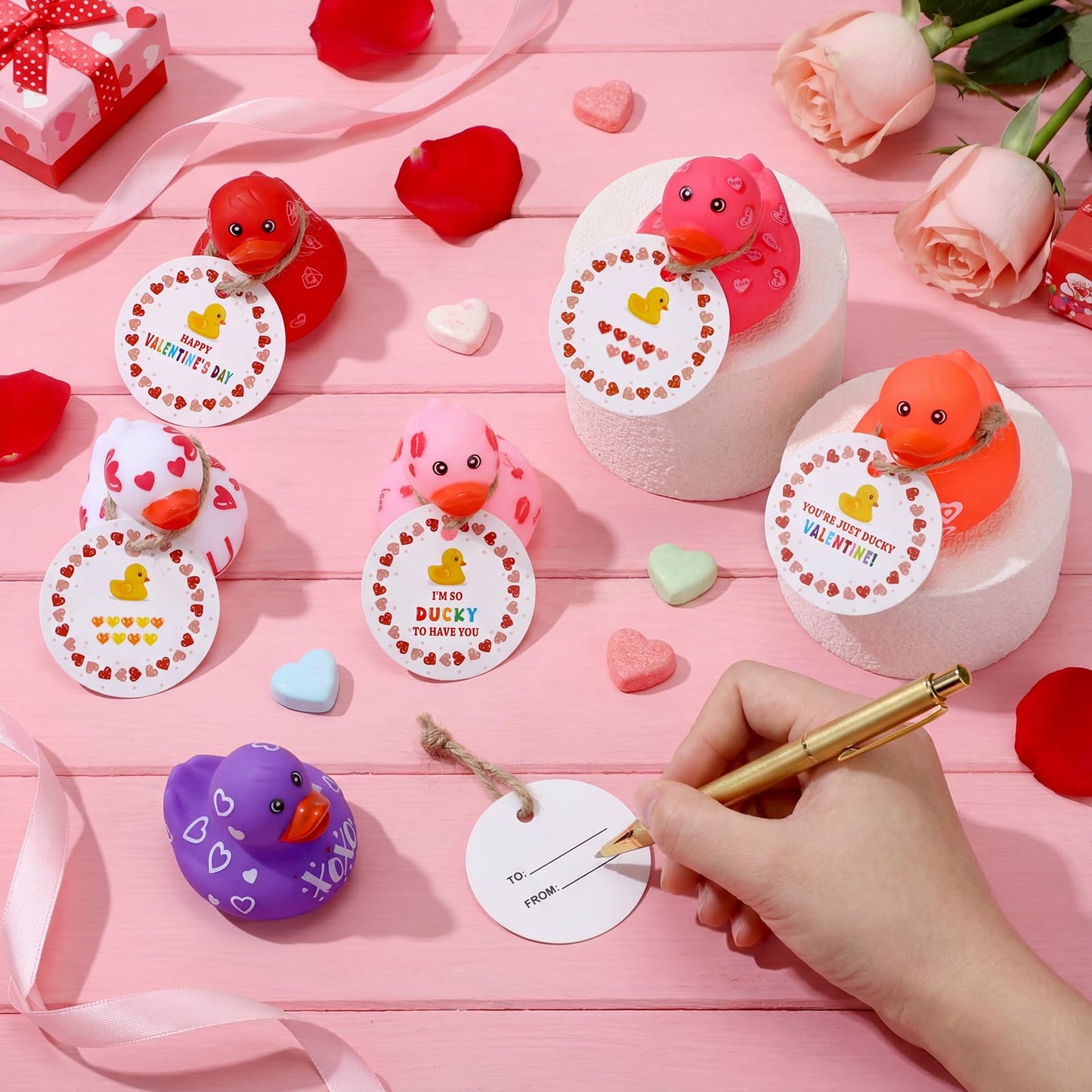 Jerify 48 Pcs Valentines Ducks – 2-Inch Mini Rubber Ducks (6 Styles) for Kids