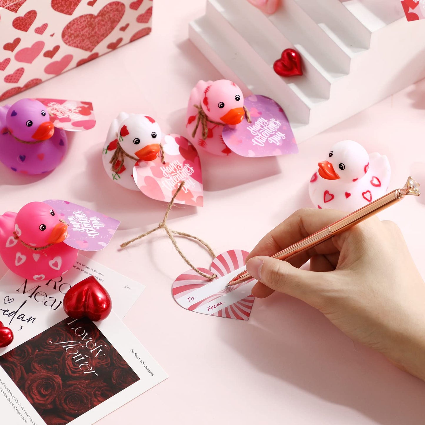 Jerify 12 Pcs Valentines Rubber Ducks with Gift Cards - Pastel 6 Styles
