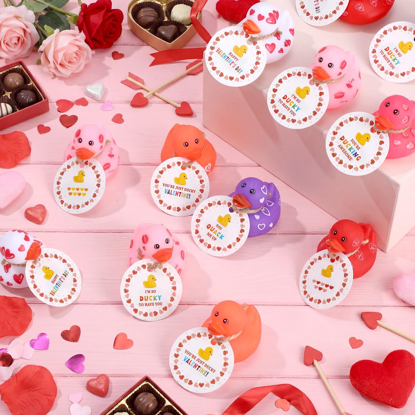 Jerify 48 Pcs Valentines Ducks – 2-Inch Mini Rubber Ducks (6 Styles) for Kids