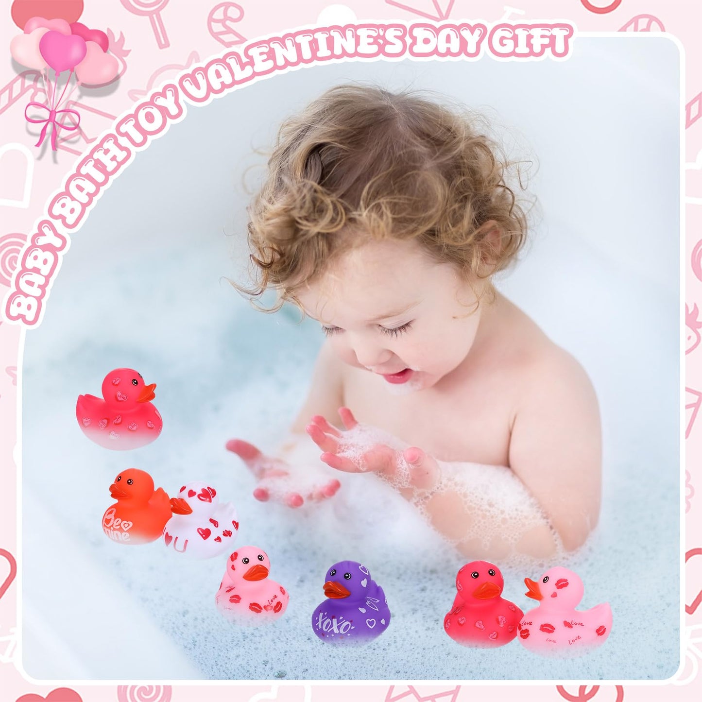 Jerify 12 Pcs Valentine Rubber Ducks – 2in Heart Bath Toys, 6 Styles