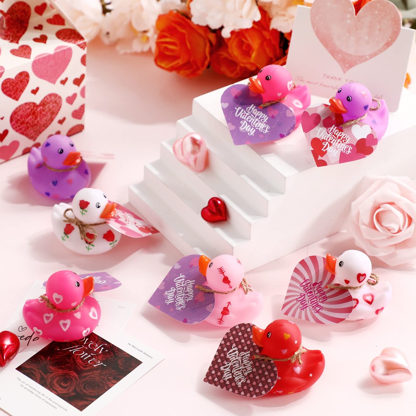 Jerify 12 Pcs Valentines Rubber Ducks with Gift Cards - Pastel 6 Styles