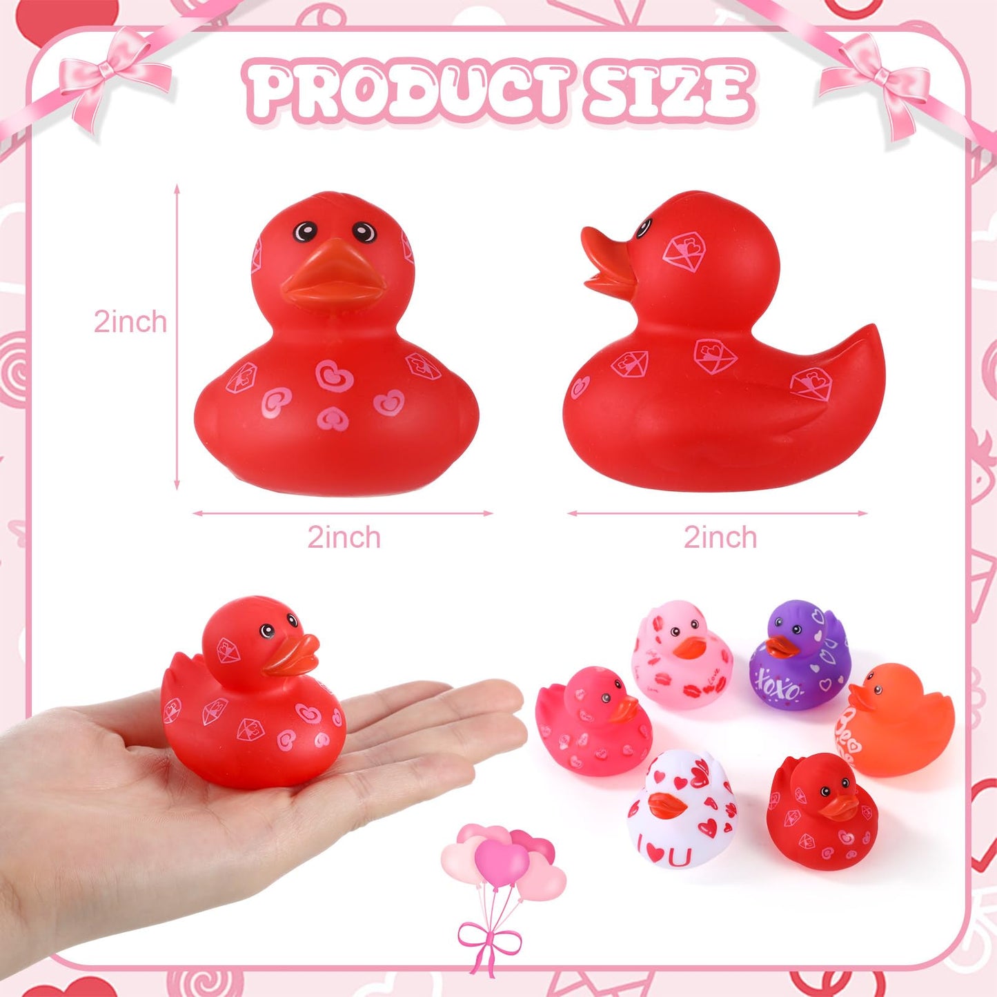 Jerify 12 Pcs Valentine Rubber Ducks – 2in Heart Bath Toys, 6 Styles