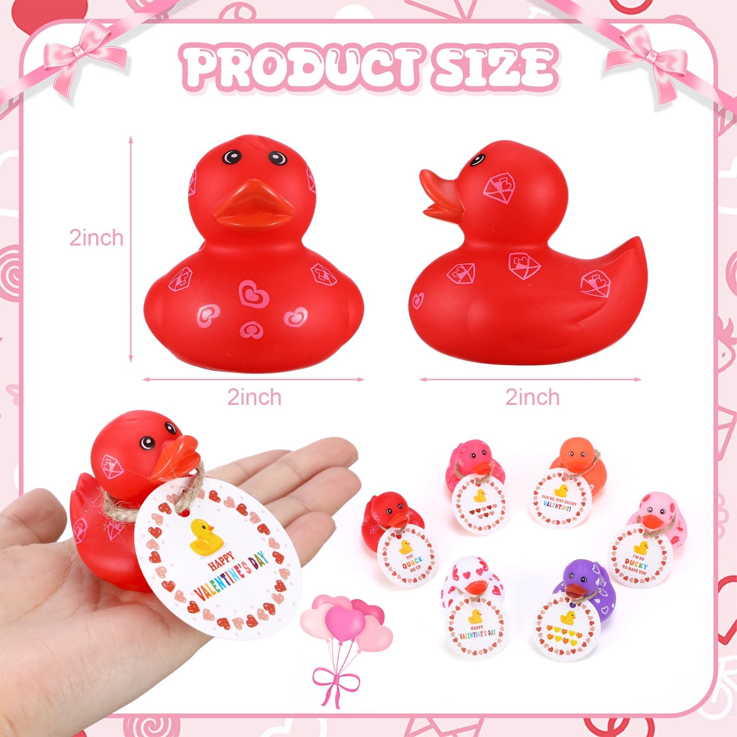 Jerify 48 Pcs Valentines Ducks – 2-Inch Mini Rubber Ducks (6 Styles) for Kids
