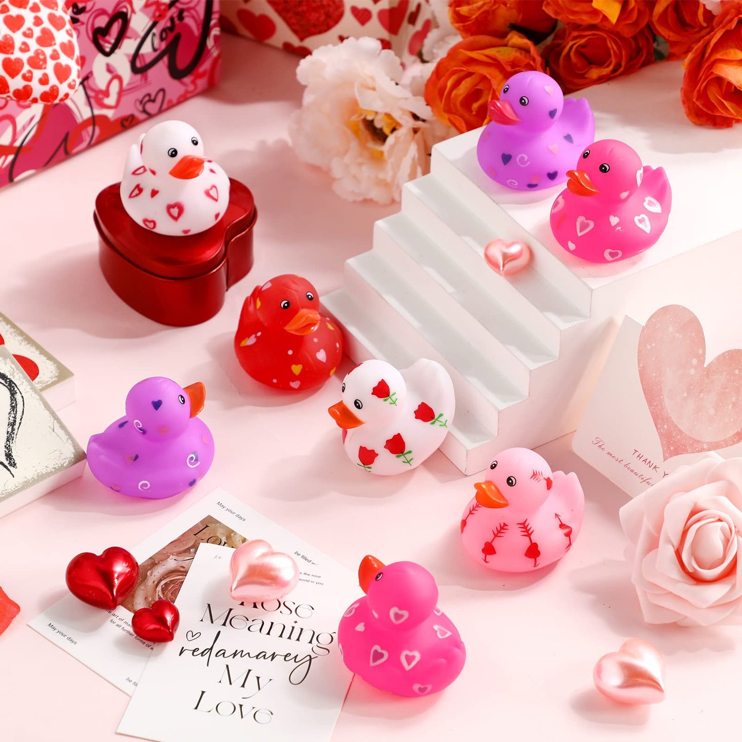 Jerify 96 Pcs 2-Inch Valentine Rubber Duckies – 6 Styles Heart Design Bath Toys