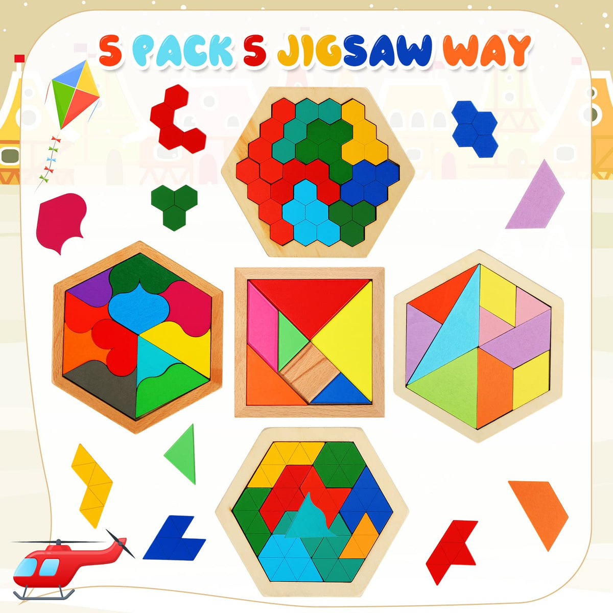 Jerify 5 Pack Wooden Tangram Puzzle for Kids – Hexagon Geometry Brain Teasers