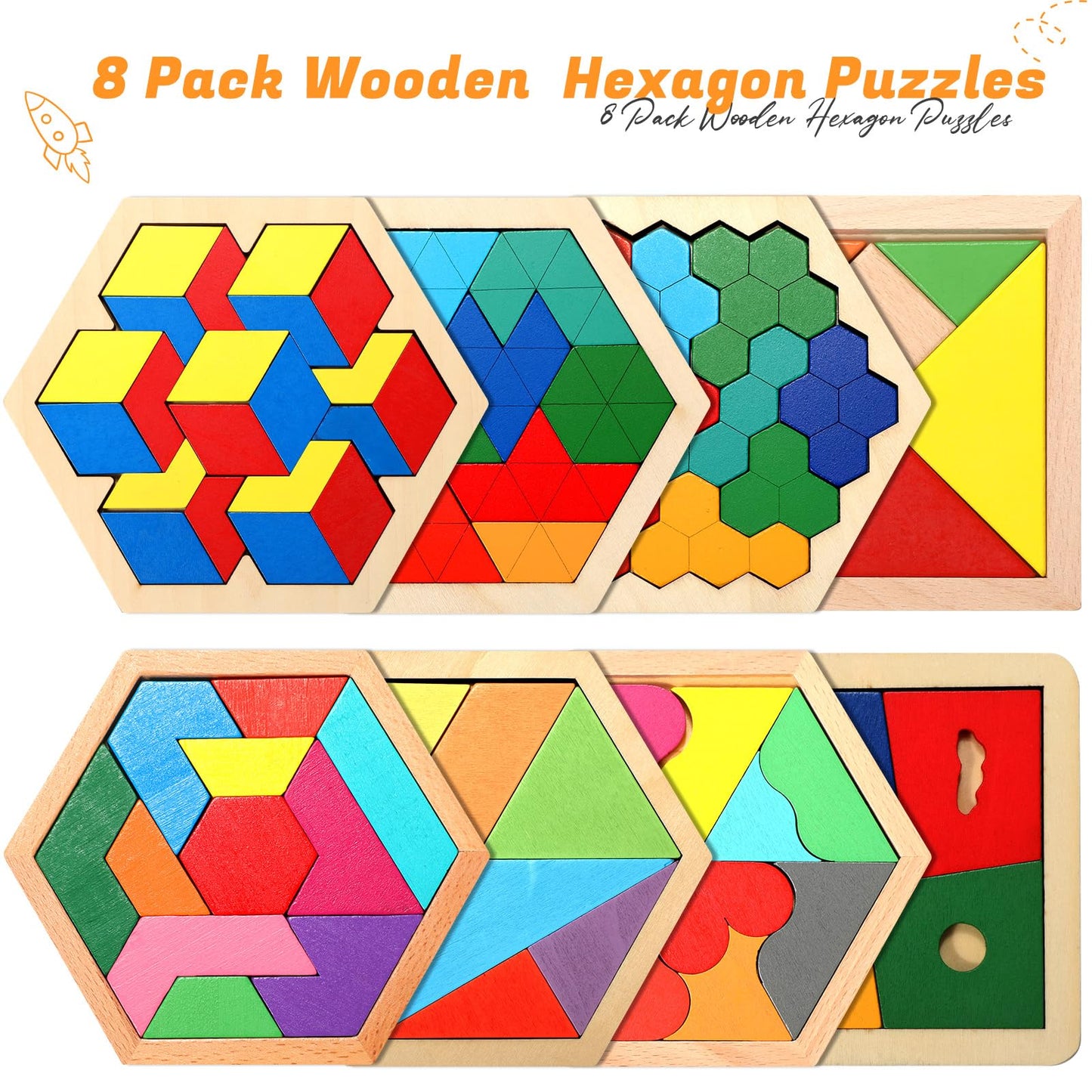 Jerify 8 Pack Wooden Tangrams Puzzles – Colorful Geometric Blocks for Adults | IQ & Logic Gift