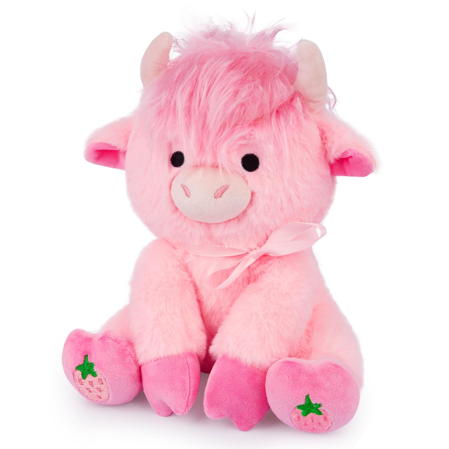 JEROKUMI Highland Cow Plush 8-Inch Strawberry Pink with Ribbon Bow