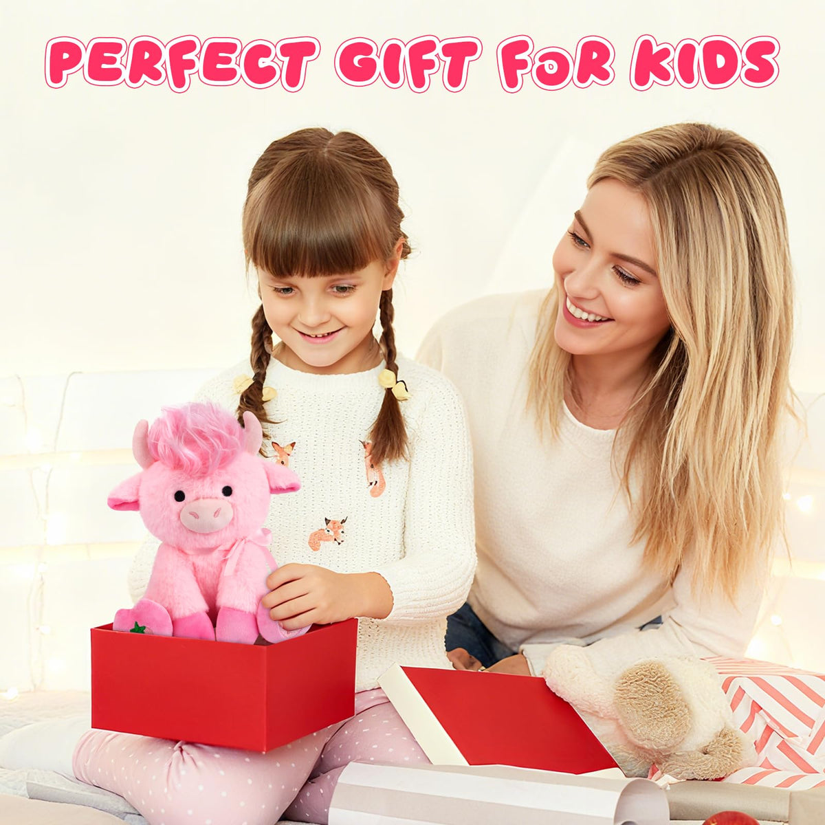 JEROKUMI Highland Cow Plush 8-Inch Strawberry Pink with Ribbon Bow