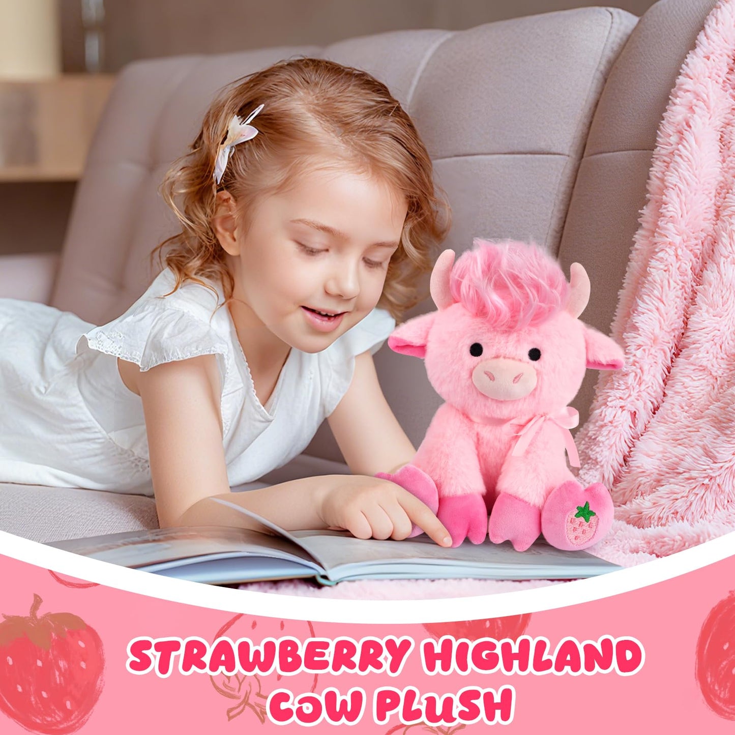 JEROKUMI Highland Cow Plush 8-Inch Strawberry Pink with Ribbon Bow