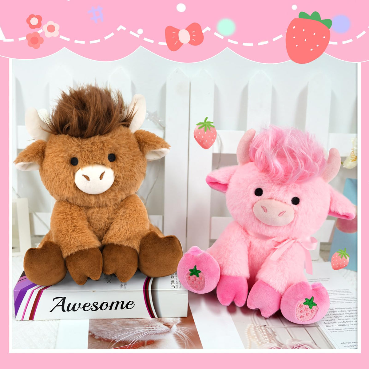 JEROKUMI Highland Cow Plush 8-Inch Strawberry Pink with Ribbon Bow