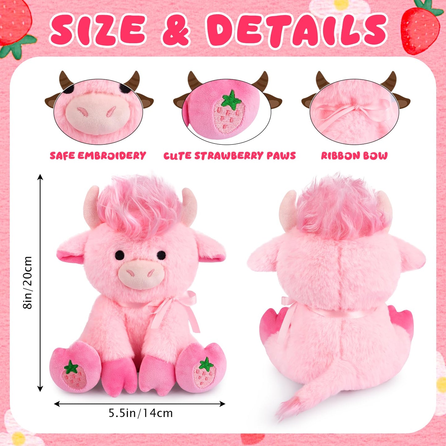 JEROKUMI Highland Cow Plush 8-Inch Strawberry Pink with Ribbon Bow