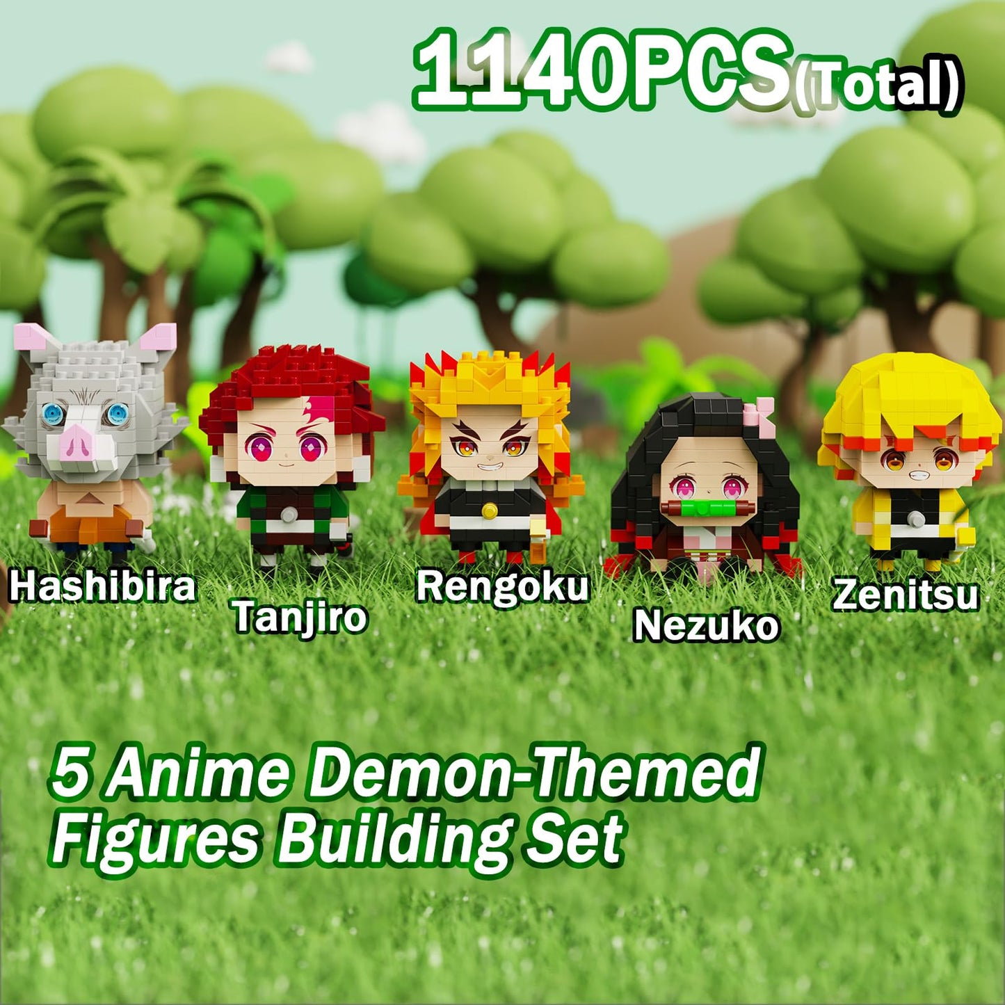 JESGO 5 Anime Demon Slayer Figures Building Set – 1140 Pcs, 2-in-1 Sitting & Standing Models | Manga Collectible Gift