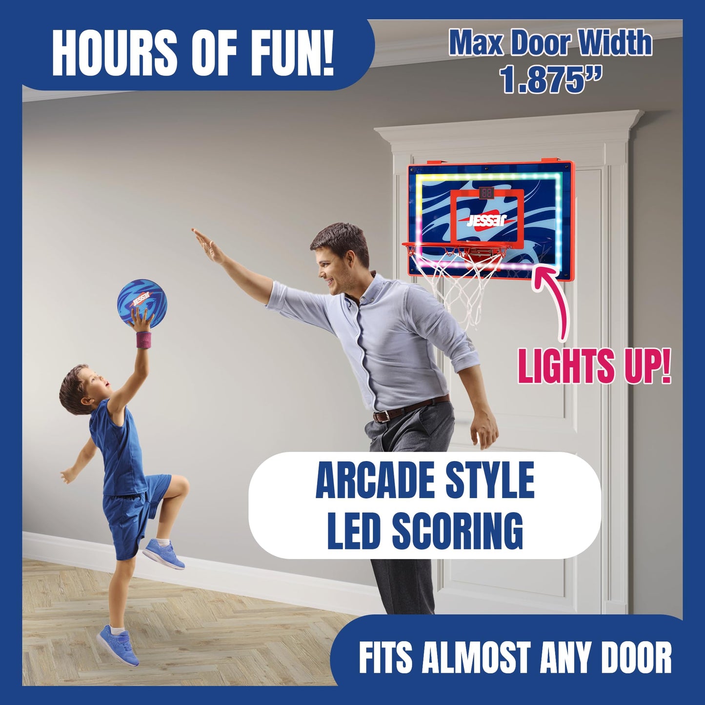 Jesser Hoop Over The Door Mini Basketball Hoop – LED Scoring, 2 Modes, 5-inch Ball | Indoor Kids 6+