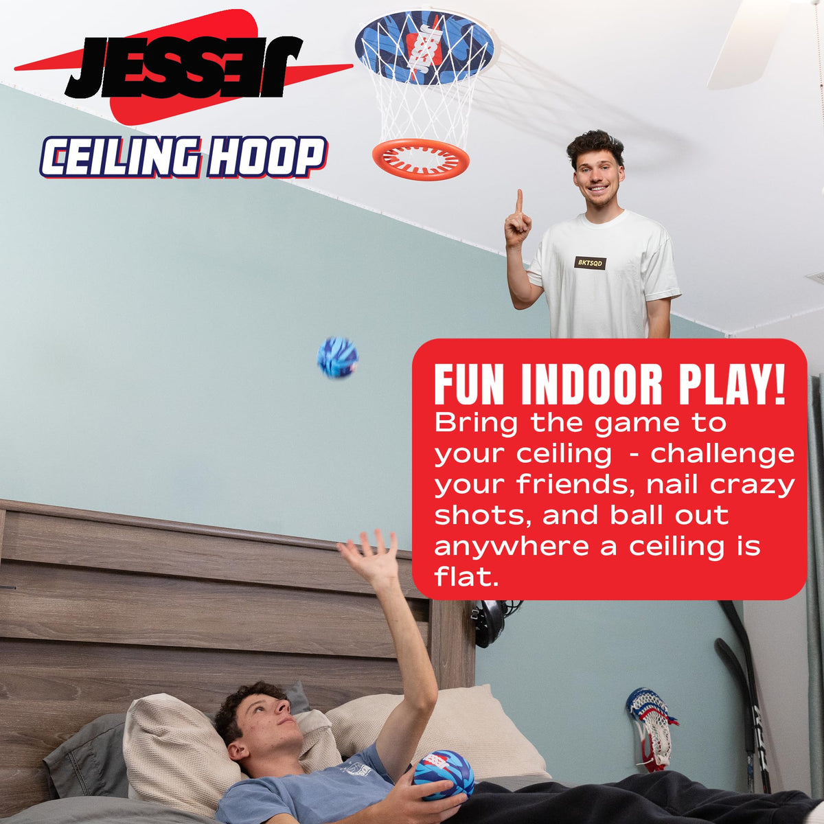 Official Jesser Mini Ceiling Basketball Hoop – 2 Exclusive Foam Balls | Indoor Fun for Kids, Teens & Families