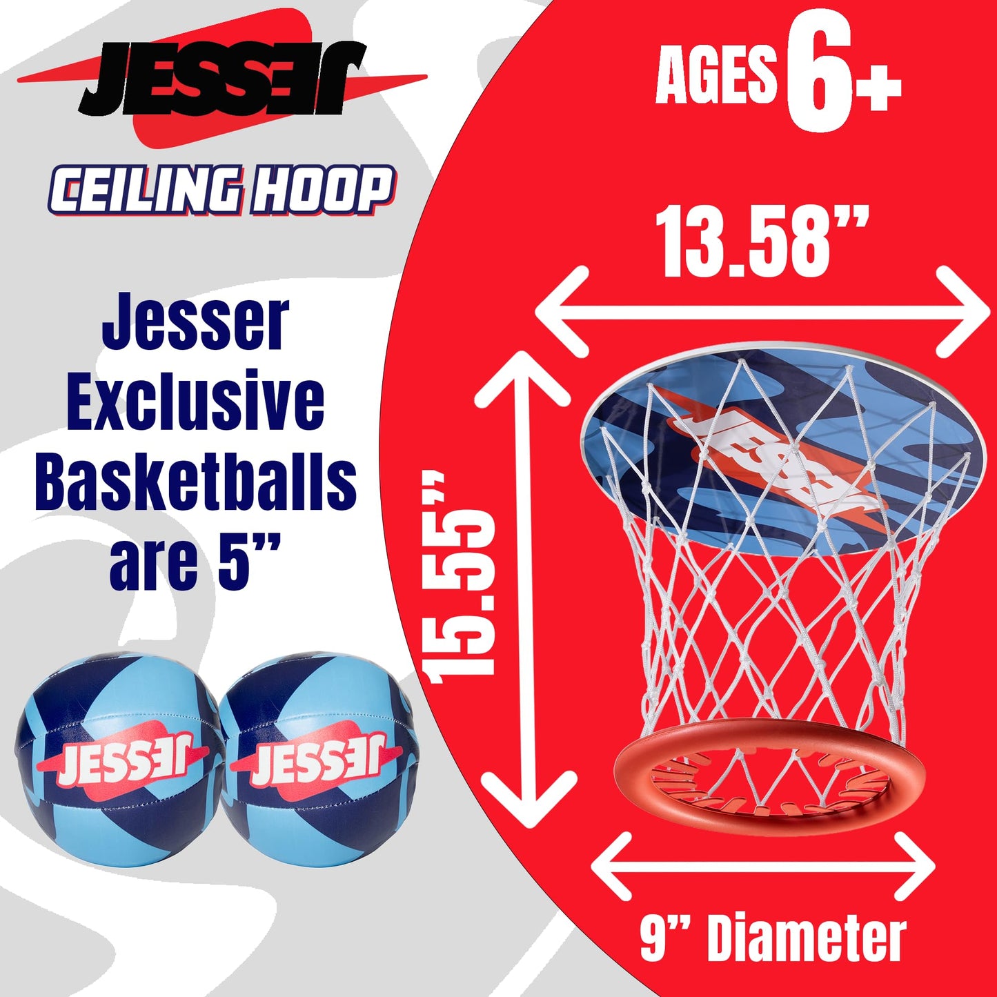 Official Jesser Mini Ceiling Basketball Hoop – 2 Exclusive Foam Balls | Indoor Fun for Kids, Teens & Families