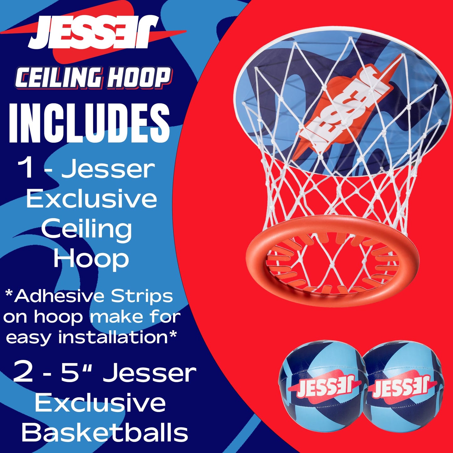 Official Jesser Mini Ceiling Basketball Hoop – 2 Exclusive Foam Balls | Indoor Fun for Kids, Teens & Families