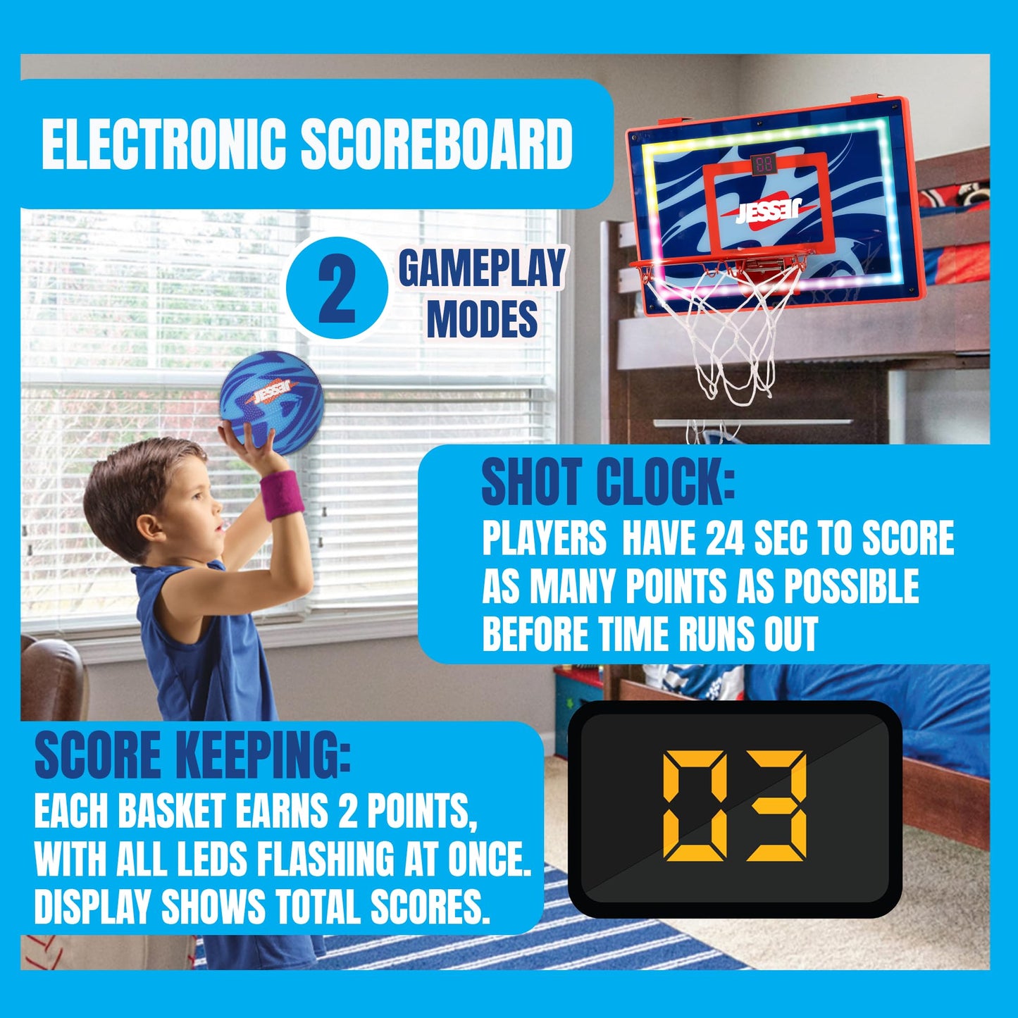 Jesser Hoop Over The Door Mini Basketball Hoop – LED Scoring, 2 Modes, 5-inch Ball | Indoor Kids 6+