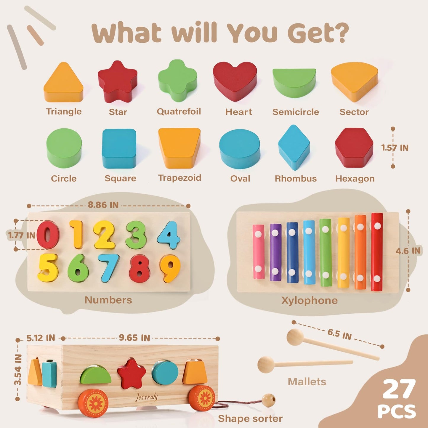 Jessruly Shape Sorter: Wooden Xylophone & Montessori Number Puzzle for Babies and Toddlers