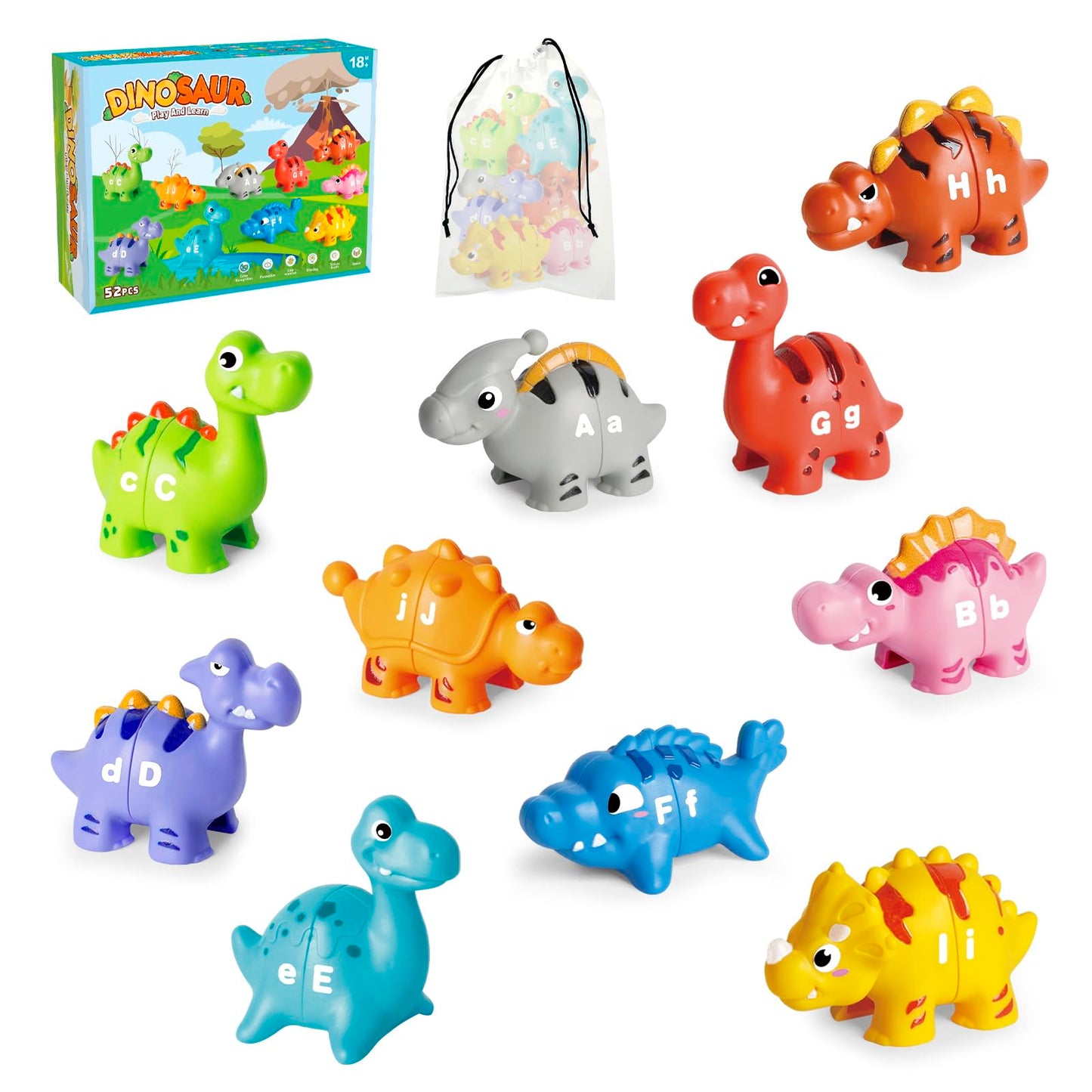 Jetbotell 52 PCS Dinosaur Alphabet Learning Toys for Toddlers – 10 Dino Buddies, Double-Sided ABC Matching