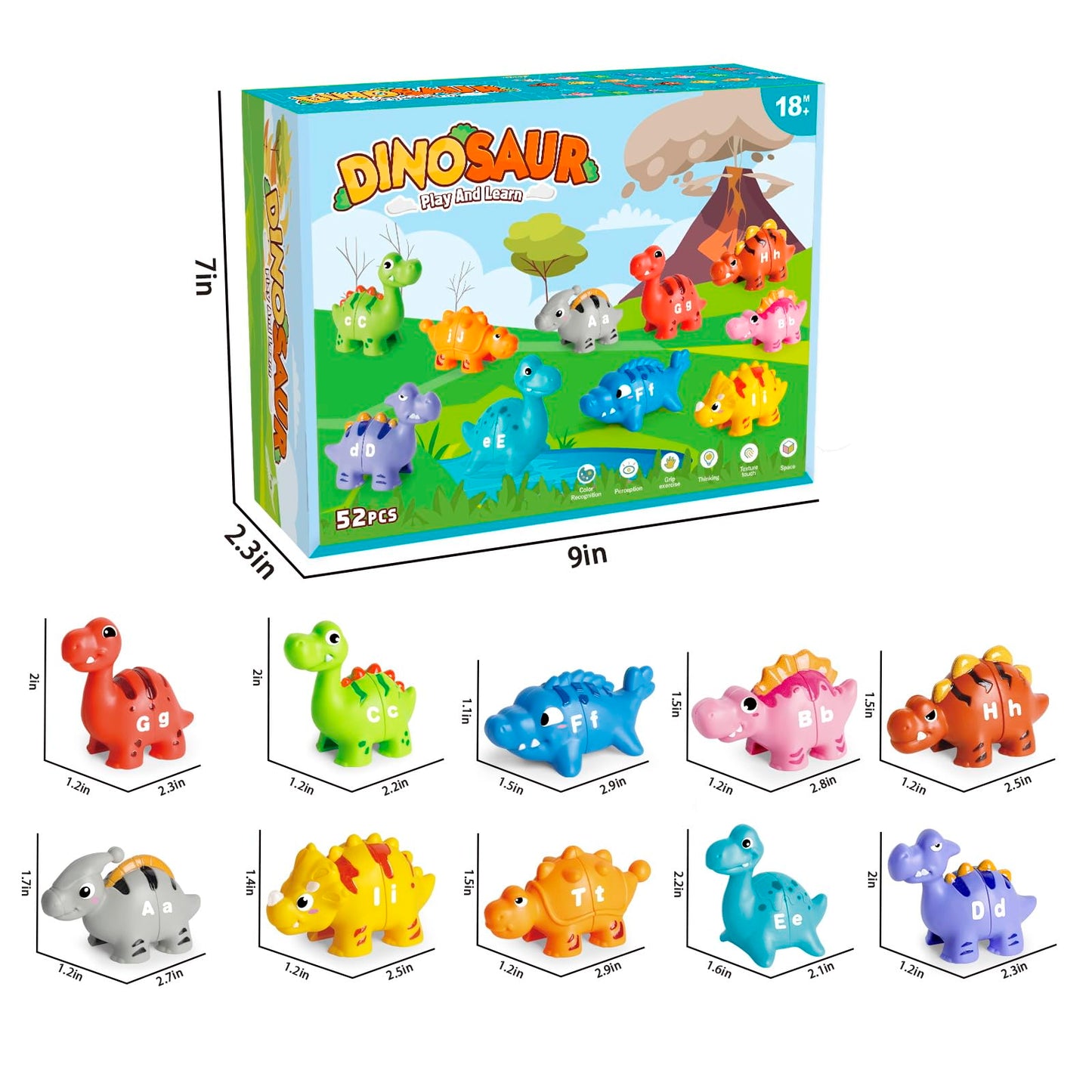 Jetbotell 52 PCS Dinosaur Alphabet Learning Toys for Toddlers – 10 Dino Buddies, Double-Sided ABC Matching