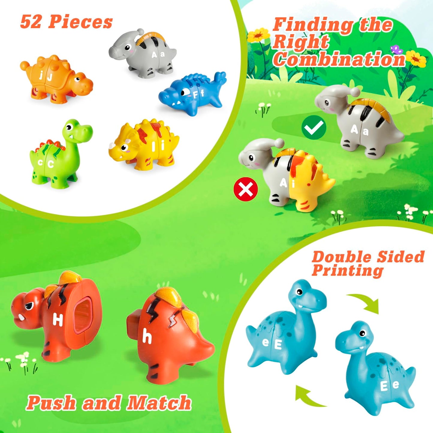 Jetbotell 52 PCS Dinosaur Alphabet Learning Toys for Toddlers – 10 Dino Buddies, Double-Sided ABC Matching
