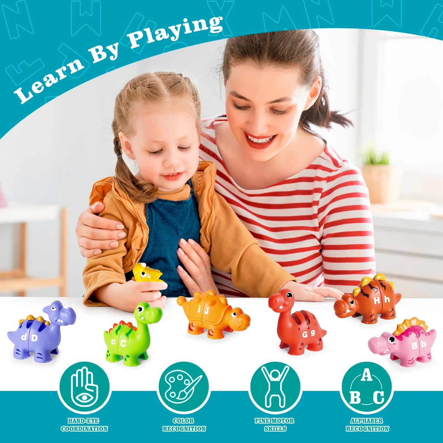 Jetbotell 52 PCS Dinosaur Alphabet Learning Toys for Toddlers – 10 Dino Buddies, Double-Sided ABC Matching