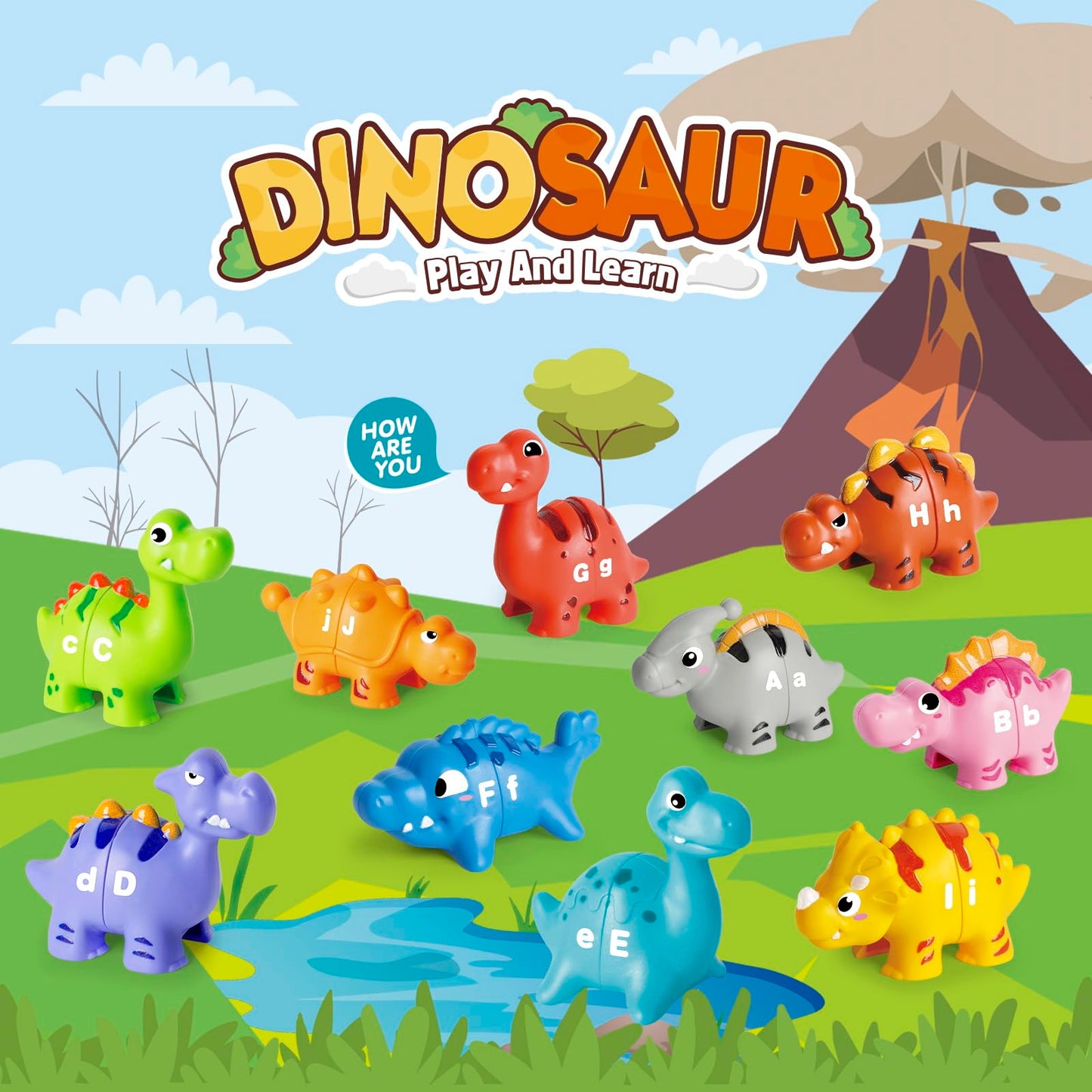 Jetbotell 52 PCS Dinosaur Alphabet Learning Toys for Toddlers – 10 Dino Buddies, Double-Sided ABC Matching