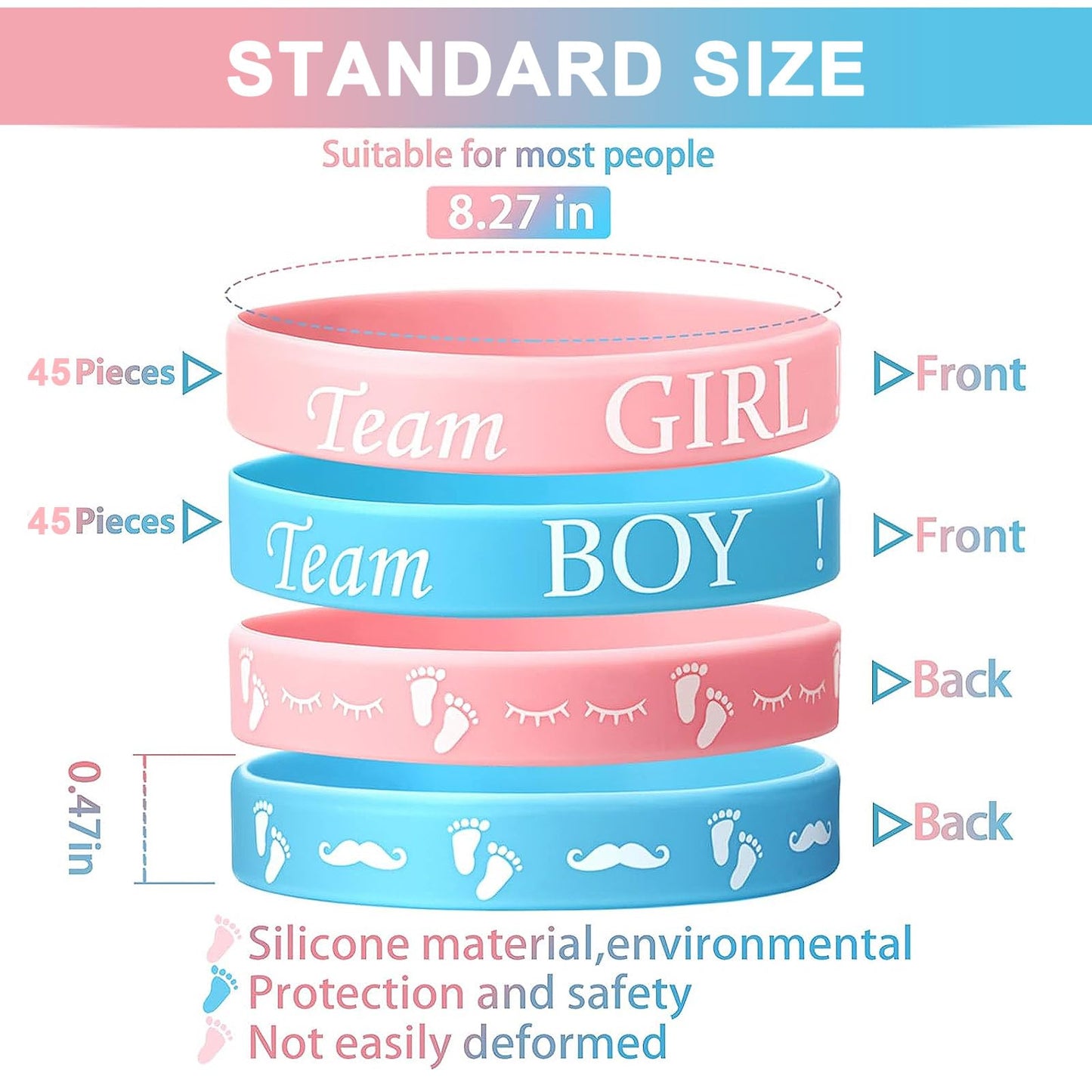 Jetec 60-Piece Gender Reveal Bracelets – Team Boy & Team Girl Silicone Wristbands