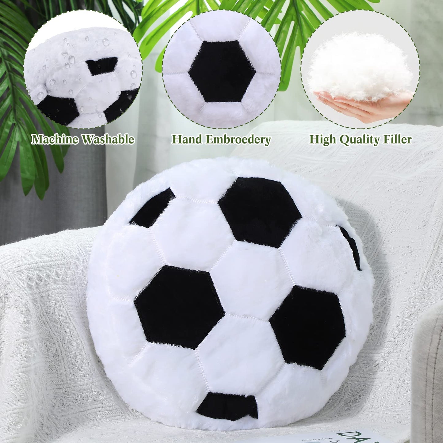 Jetec 2-Pcs Soccer Pillow – Fluffy Plush Round Soccer Ball Shaped Cushion for Bedroom Decor